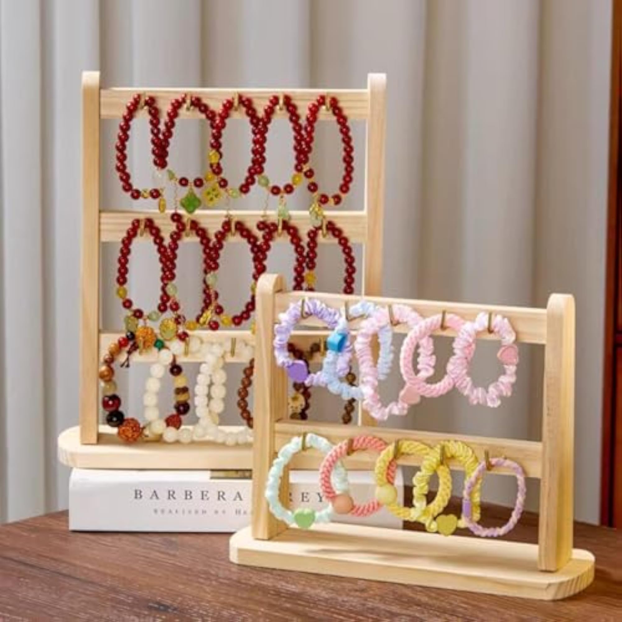 Freestanding Bracelet Display Rack Natural 10 Hooks Wood Gold